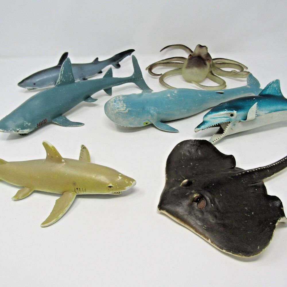 Vintage Lot of Ocean Marine Toys 10" Shark Whale Octopus Stingray Rubber Figures